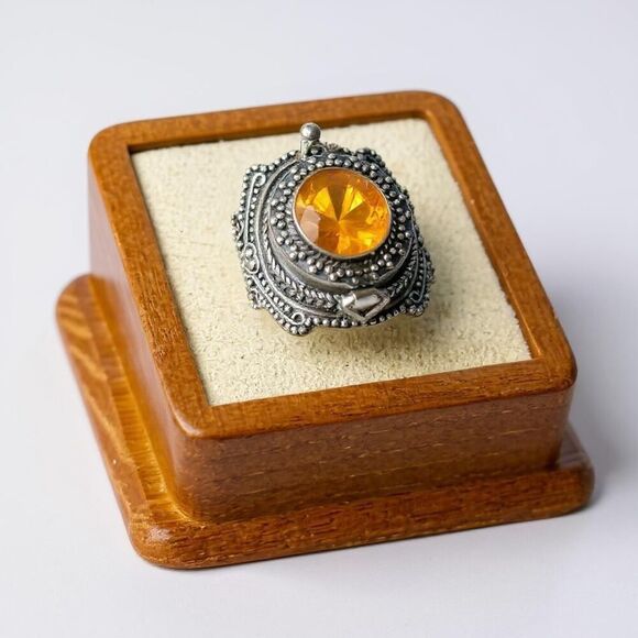 Faceted Citrine Gemstone Poison Locket Box Ring Sterling Silver Sz 9 - Picture 10 of 10